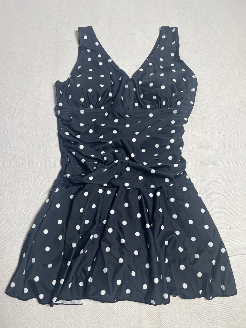 Polka Dot Black One-Piece Swim Dress with Skirt
